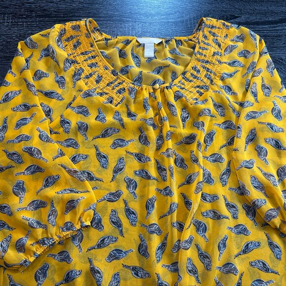 Banana Republic Yellow Bird Print Blouse XL Smocked Neck Boho - Picture 2 of 2